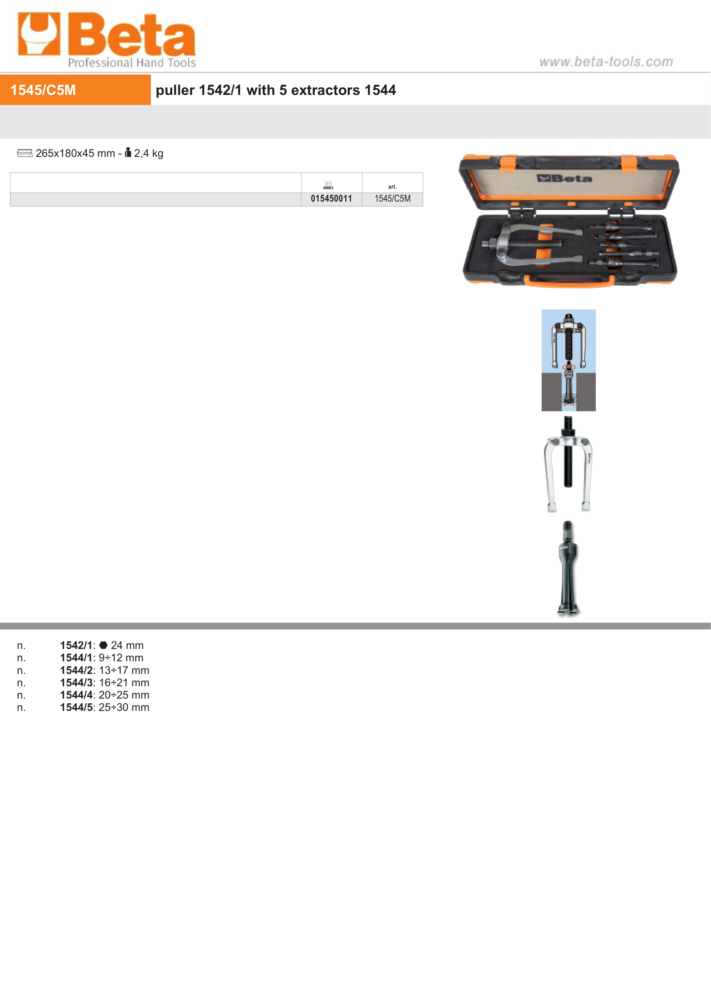 Puller with 5 Extractors 265mm x 180mm x 45mm - Beta Tools 1545/C5M