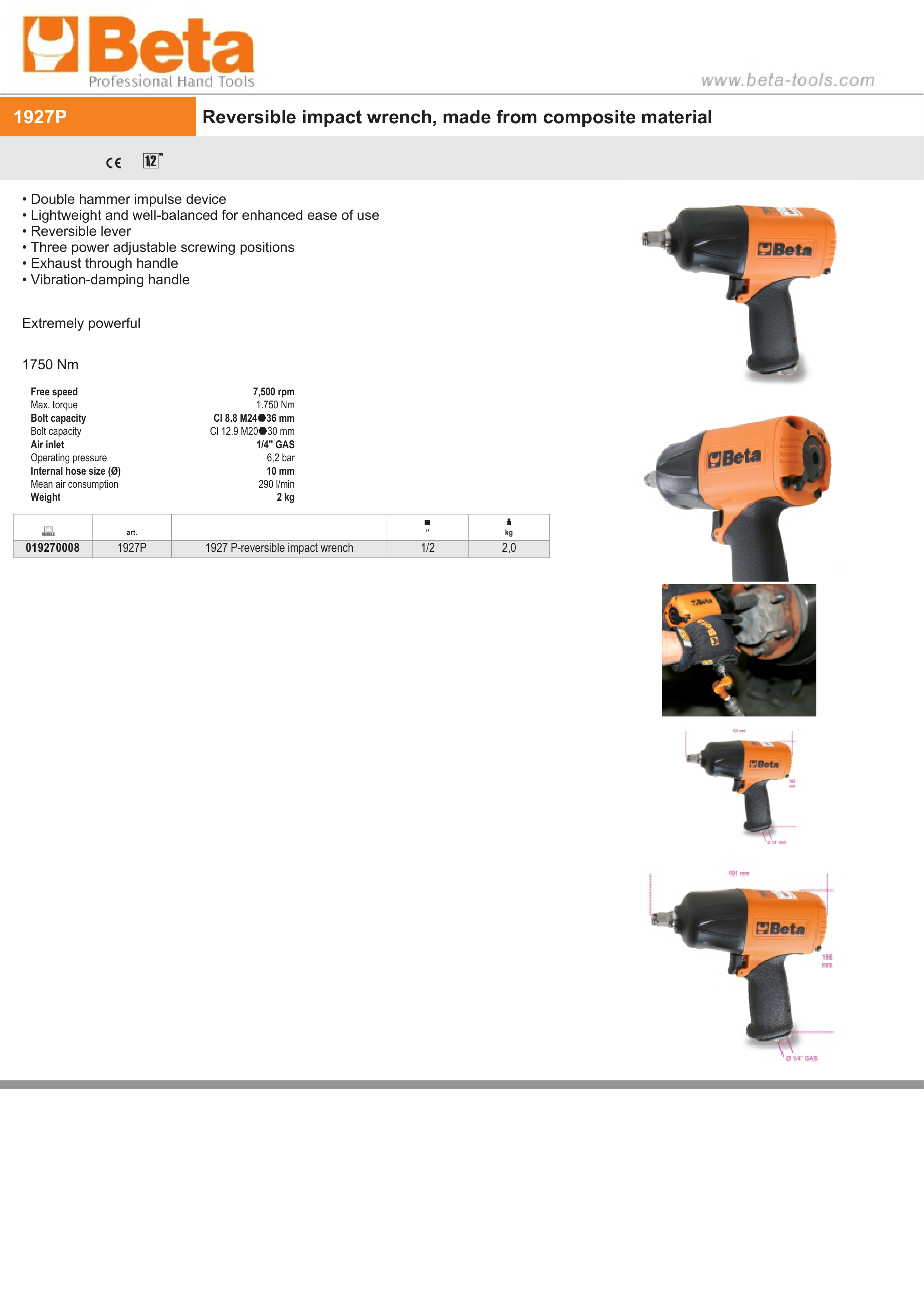 Reversible Impact Wrench 1/2 Composite Material 1750Nm - Beta Tools 1927P