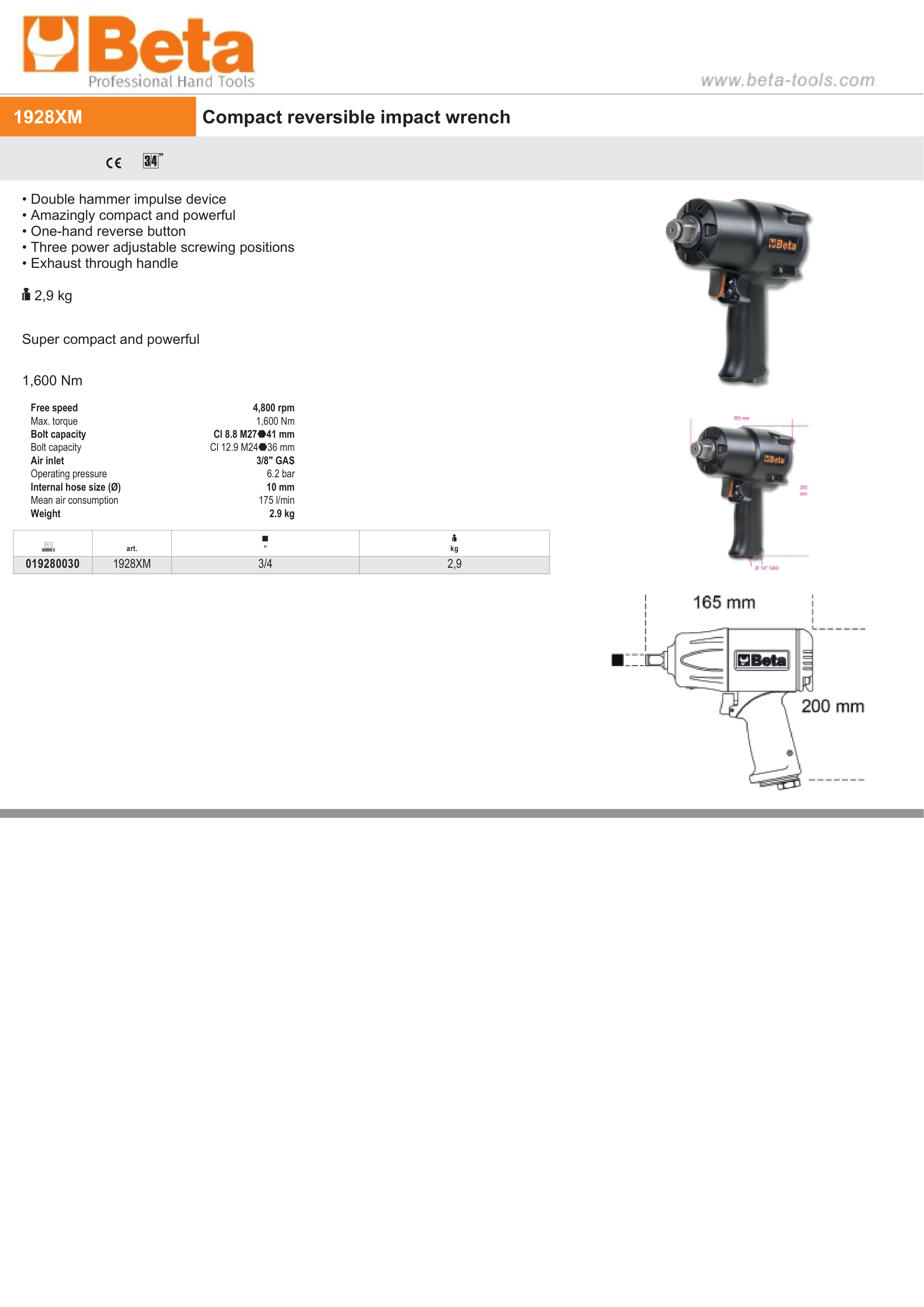 Compact Reversible Impact Wrench 3/4 1600 Nm - Beta Tools 1928XM