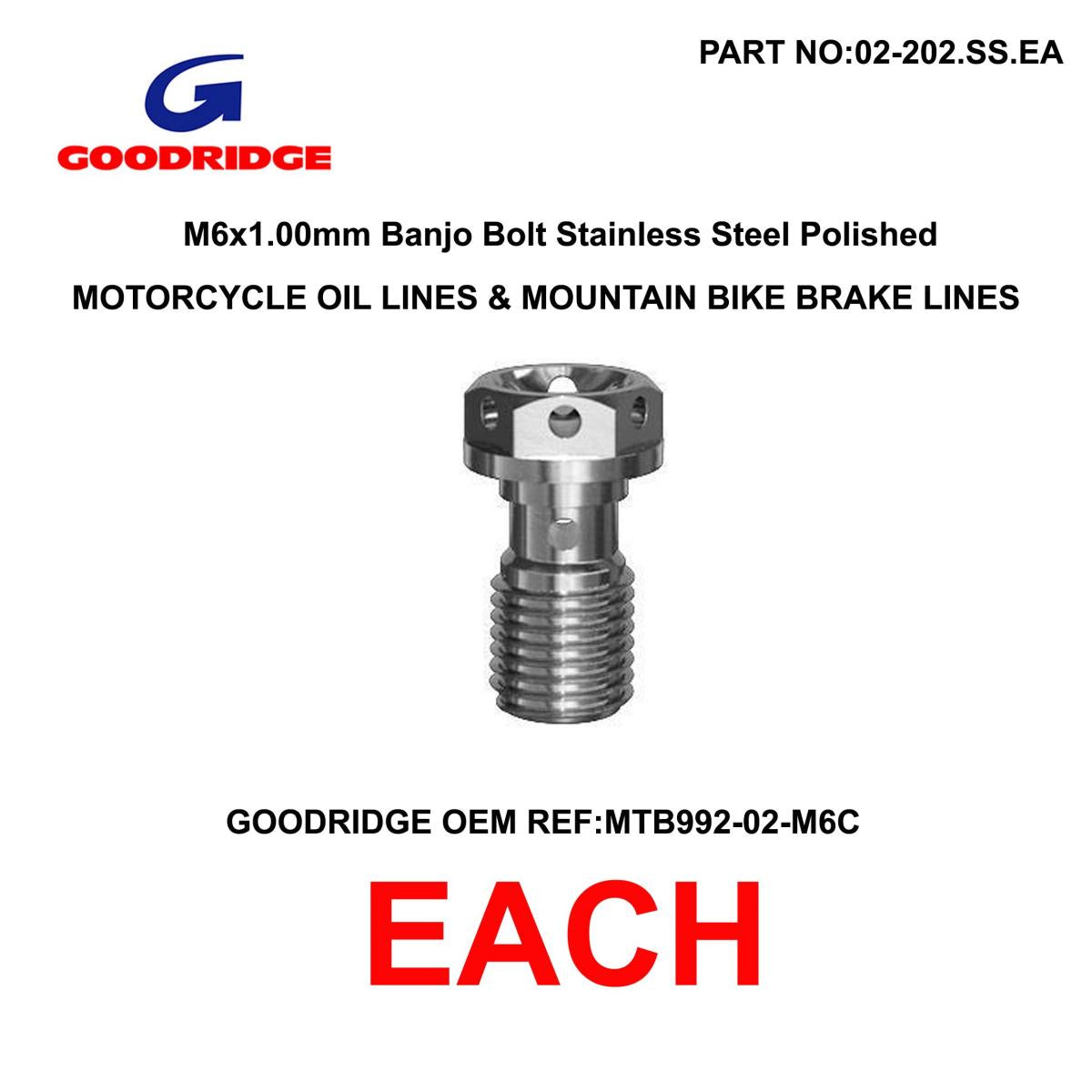 M6x1.00 BANJO BOLT GOODRIDGE, MTB BRAKE LINES AND MC OIL LINES, MTB992-02-M6C / STAINLESS STEEL