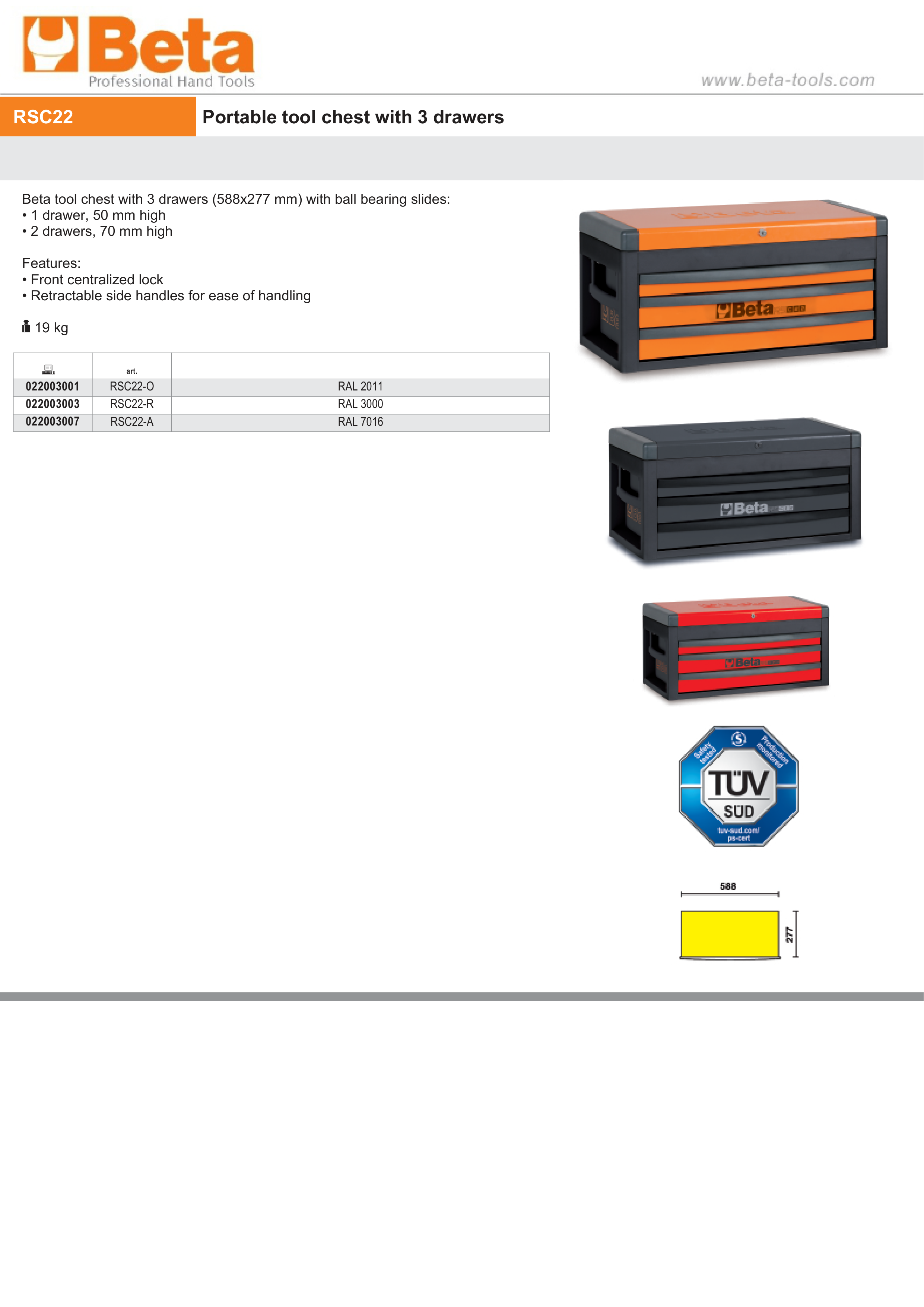 Portable Tool Chest with 3 Drawers and Ball Bearing Slides - Beta Tools RSC22-O