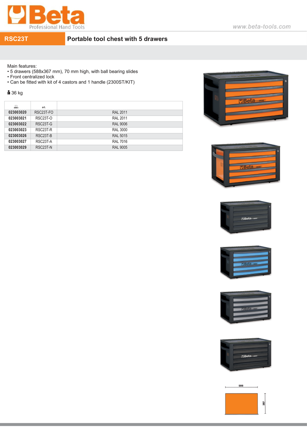 Portable Tool Chest with 5 Drawers and Centralized Lock - Beta Tools RSC23T-O