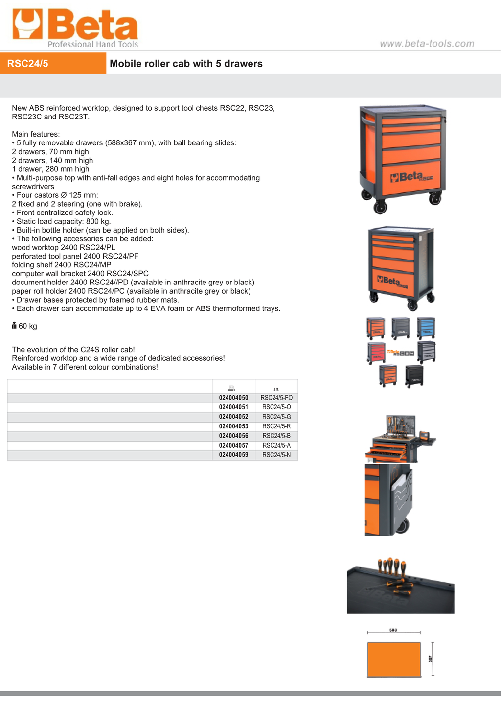 Mobile Roller Cab 5 Drawers Reinforced Worktop 800kg Capacity - Beta Tools RSC24/5-R