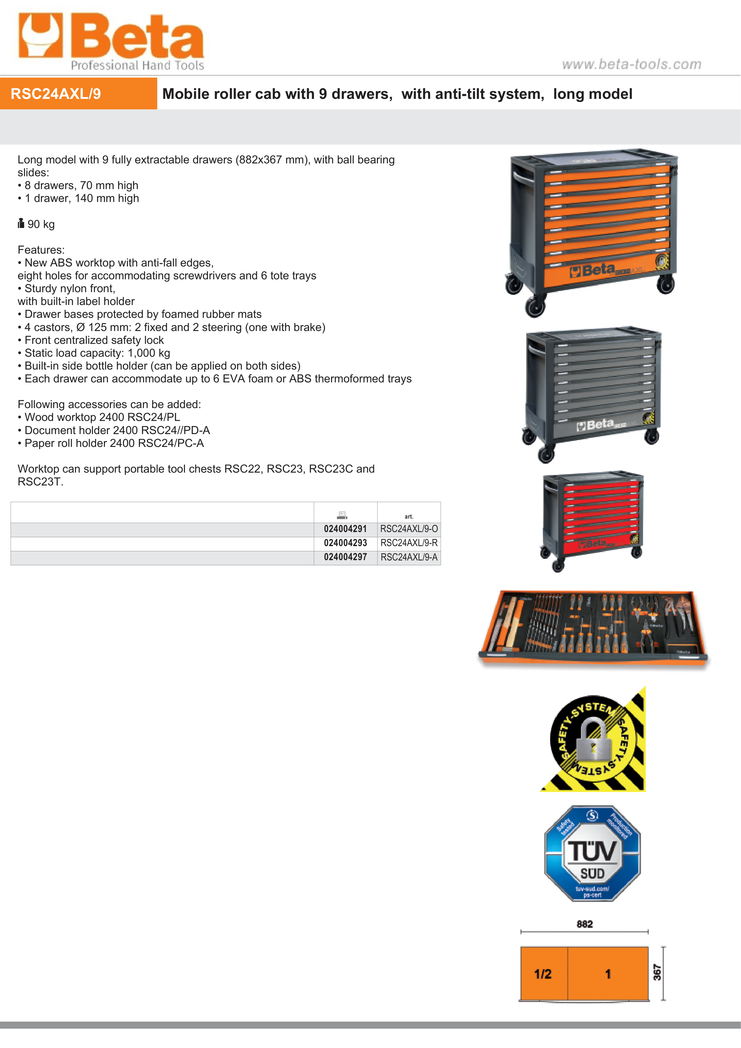 Mobile Roller Cab 9 Drawers Anti-Tilt System Long Model 1000kg Capacity - Beta Tools RSC24AXL/9-R