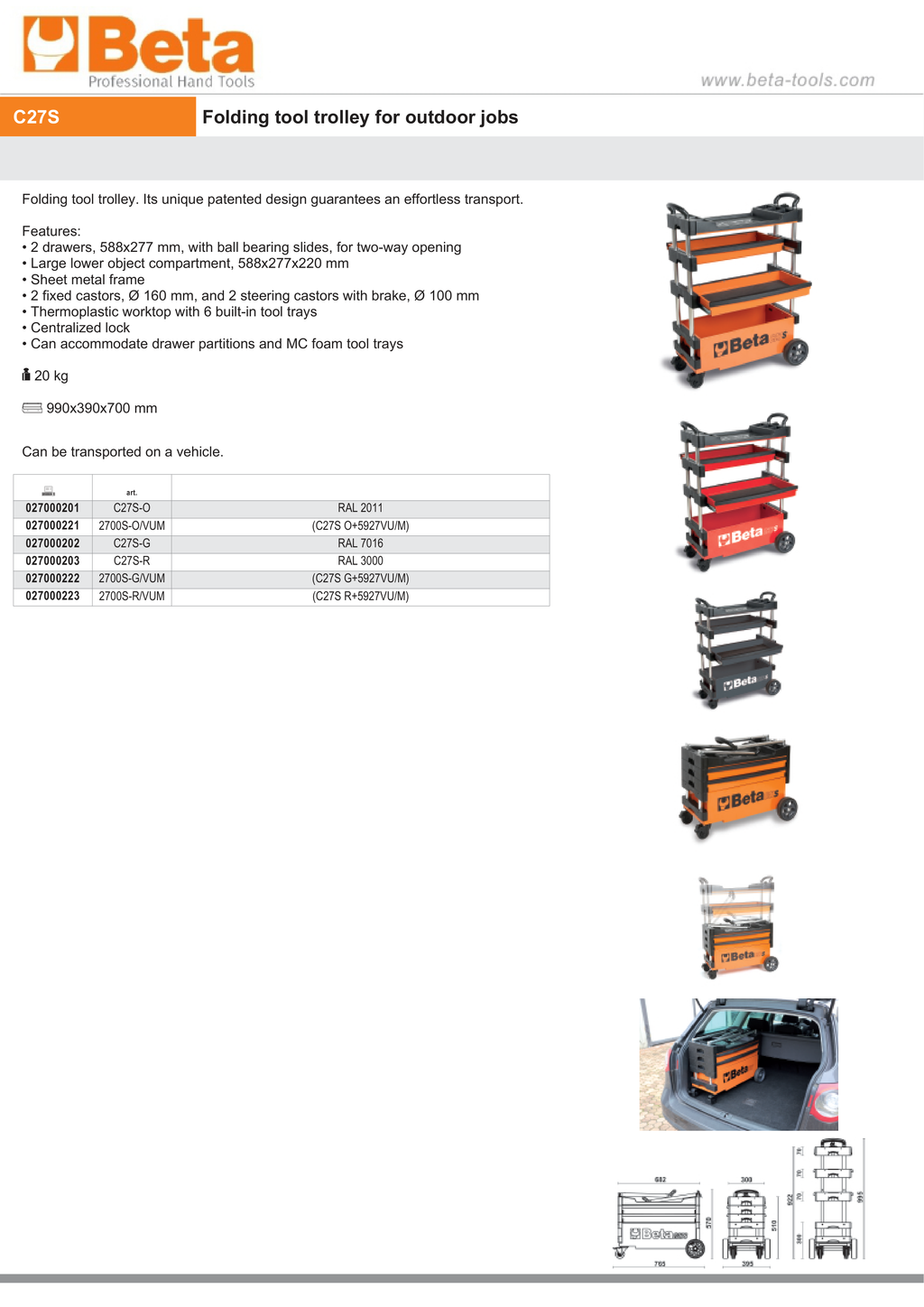 Folding Tool Trolley for Outdoor Jobs, 2 Drawers, 990x390x700mm, Centralized Lock, 160mm Fixed Castors - Beta Tools C27S-G