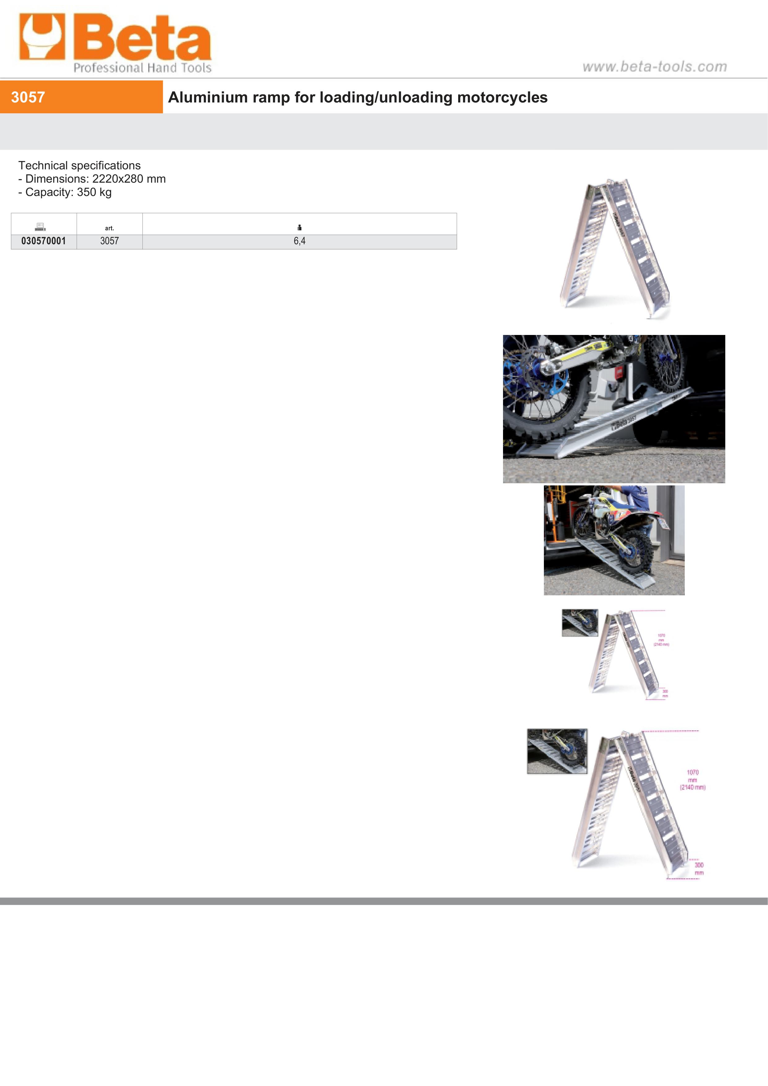 Aluminum Ramp for Loading/Unloading Motorcycles 2220x280mm 350kg Capacity - Beta Tools 3057