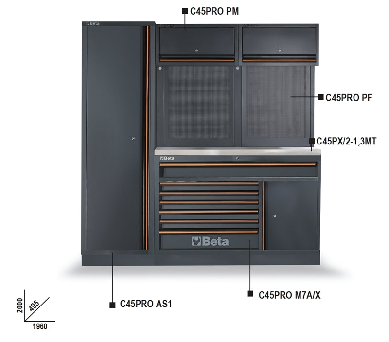 Workshop Equipment Combination with Stainless Steel Worktop, Drawers, Tool Panels, and Cabinets - BetaC45PRO C45PRO EX