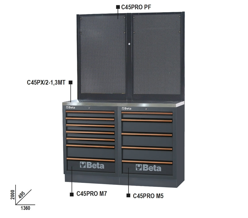Workbenches with Stainless Steel Worktop, Drawers, and Tool Panels - BetaC45PRO C45PRO BPX-1,3