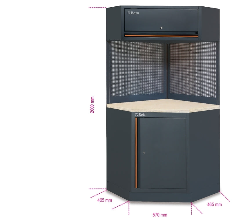 Self-Supporting Corner Unit with Locking Cabinet, Tool Panels, and Wood Worktop for Workshop - BetaC45PRO C45PRO CORNER/W