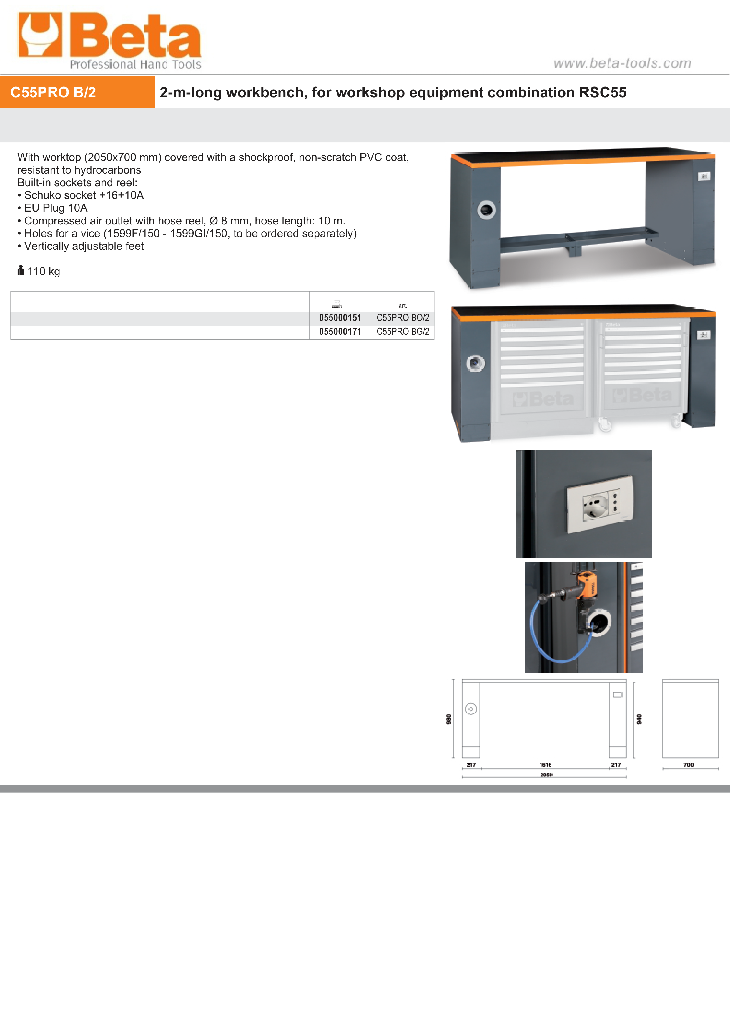 2m Workbench with Shockproof PVC Worktop, Built-In Sockets, Hose Reel, Adjustable Feet, 2050x700mm - BetaRSC55 C55PRO BO/2