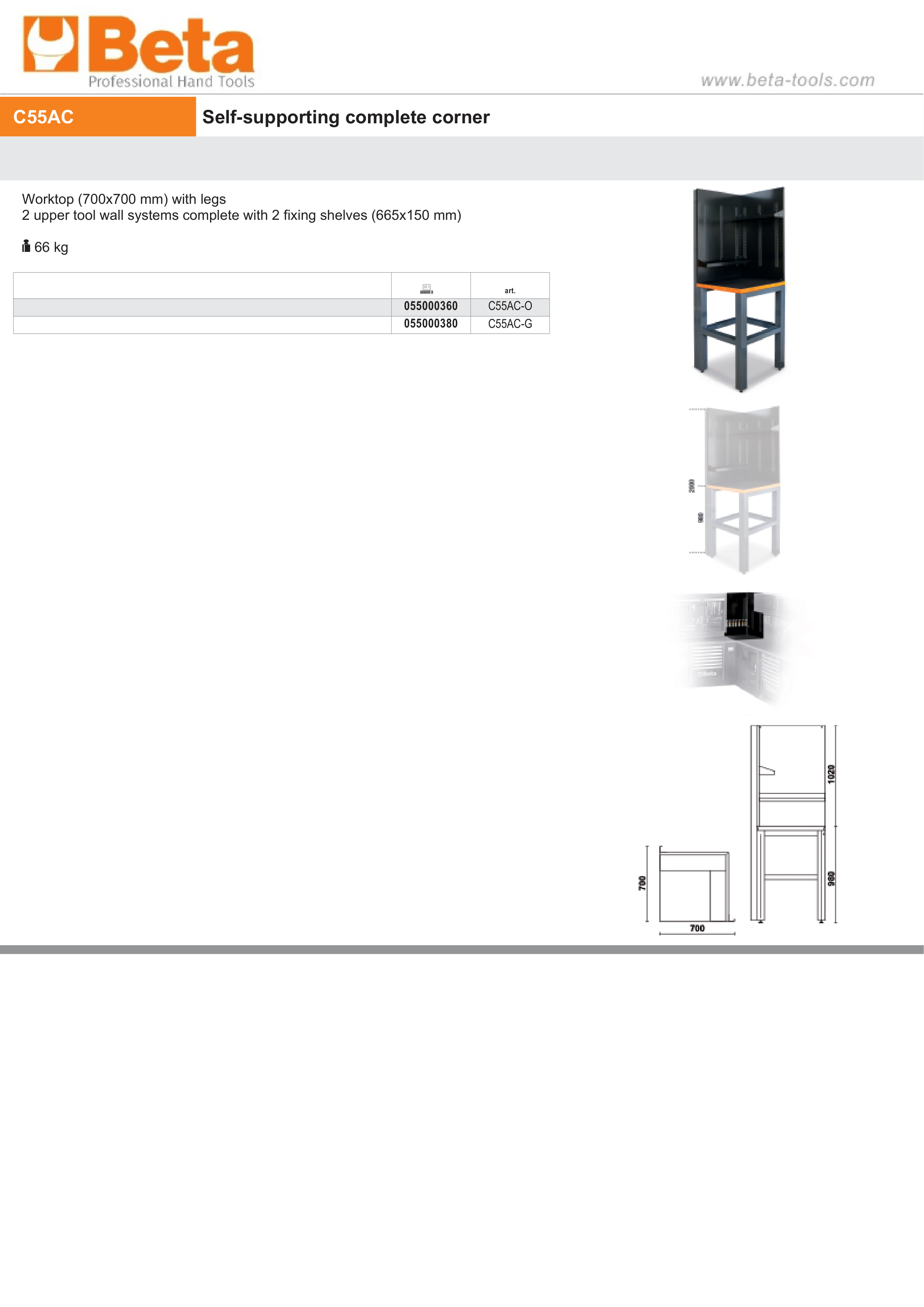 Self-Supporting Complete Corner Worktop, 700x700mm, with Tool Wall Systems and Fixing Shelves - BetaRSC55 C55AC-G