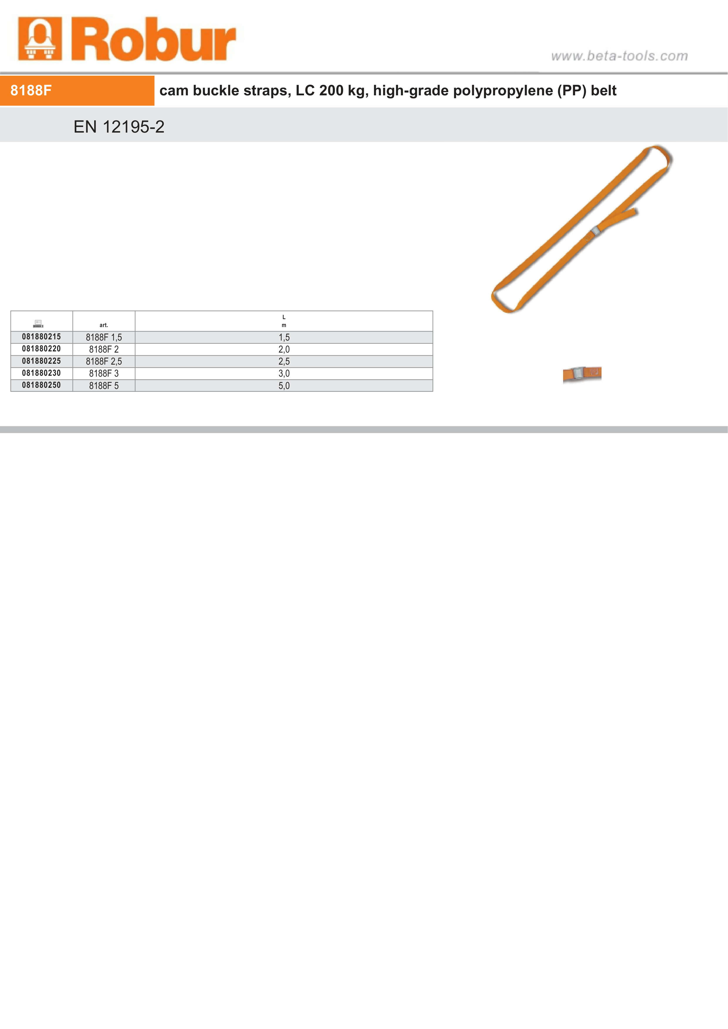 Cam Buckle Straps 200kg High-Grade Polypropylene 2.5m - Robur 8188F 2,5
