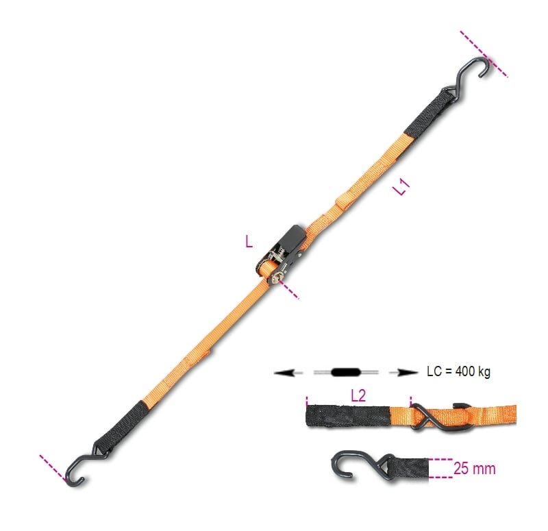 Ratchet Tie Downs with S-Hooks and Eyes 400kg High-Tenacity Polyester 5m - Robur 8188CG25 5
