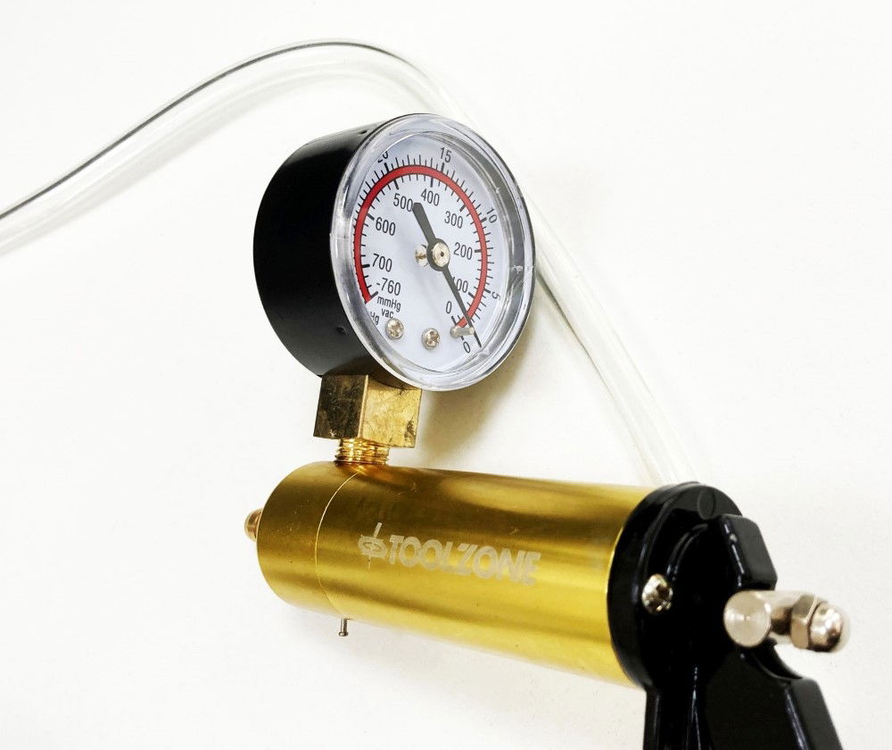 HAND HELD VACUUM PUMP SET 16pc WITH PRESSURE GAUGE 0-30inhg 0-760mmhg - TOOLZONE KDPAU010