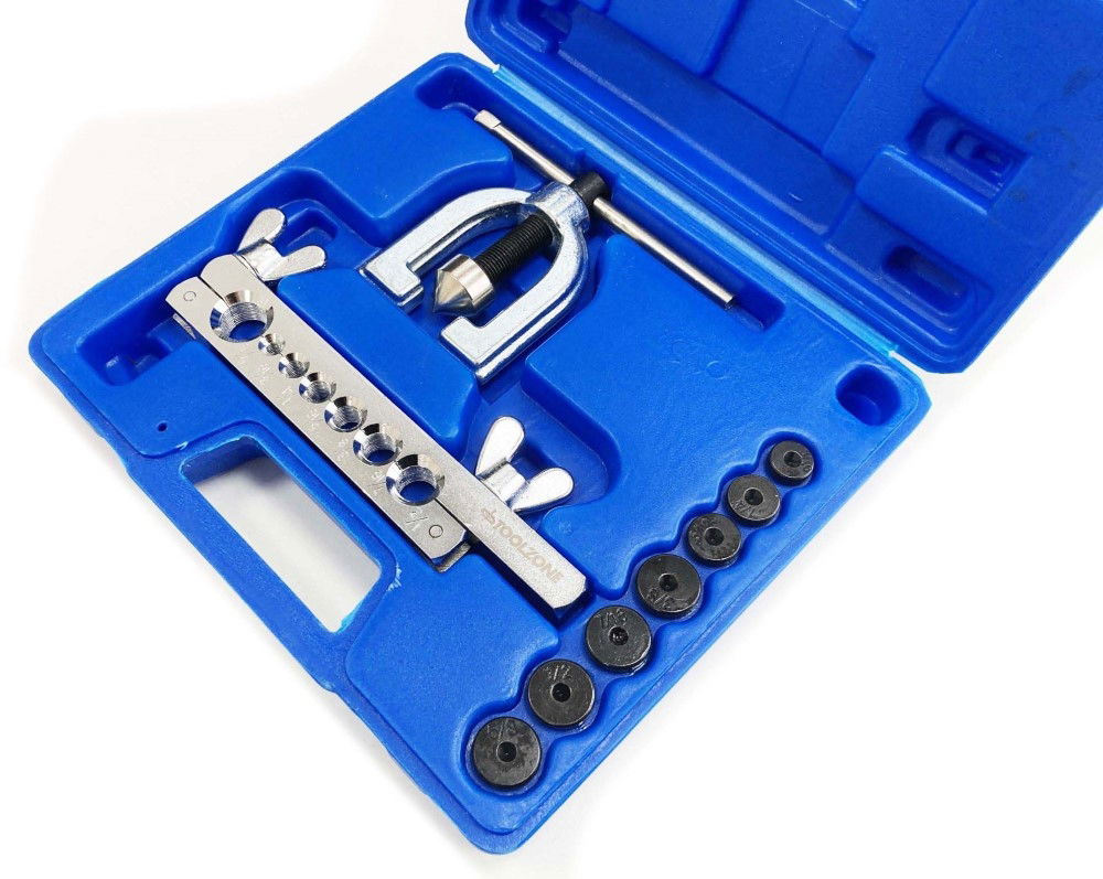BRAKE PIPE FLARING TOOL KIT 9pc WITH 7 DIES 3/16 TO 5/8 - TOOLZONE KDPAU383