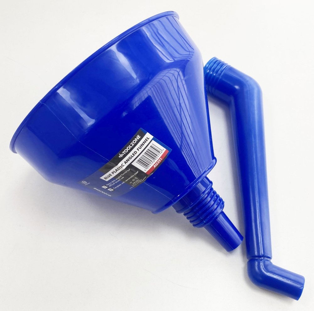 PLASTIC ANGLED FUNNEL BLUE 160mm WITH REMOVABLE FILTER - TOOLZONE KDPAU391