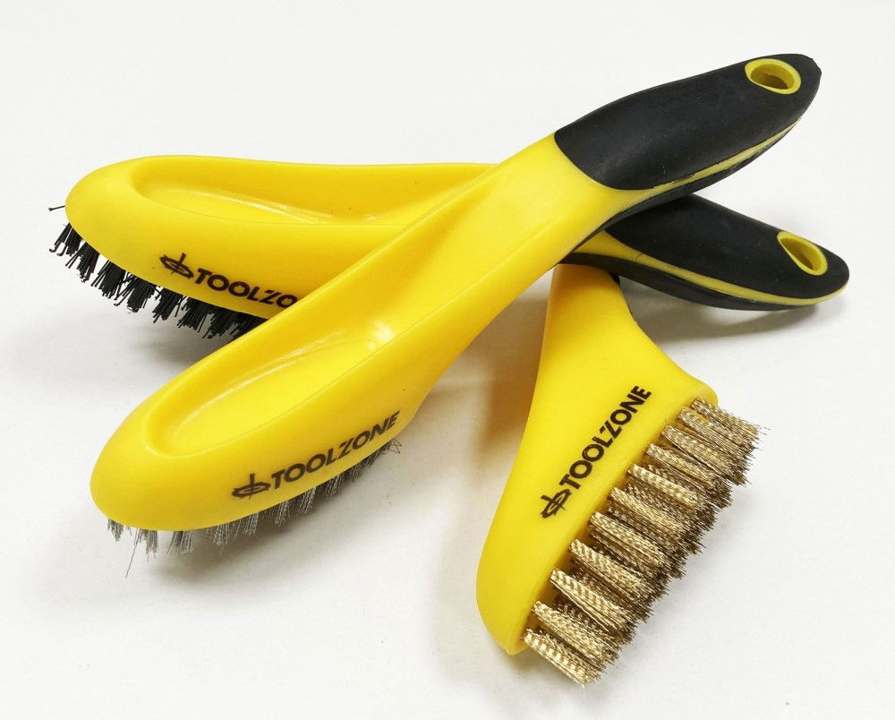 WIRE BRUSH SET 3PC WIDE 20cm STAINLESS STEEL NYLON BRASS - TOOLZONE KDPBR063