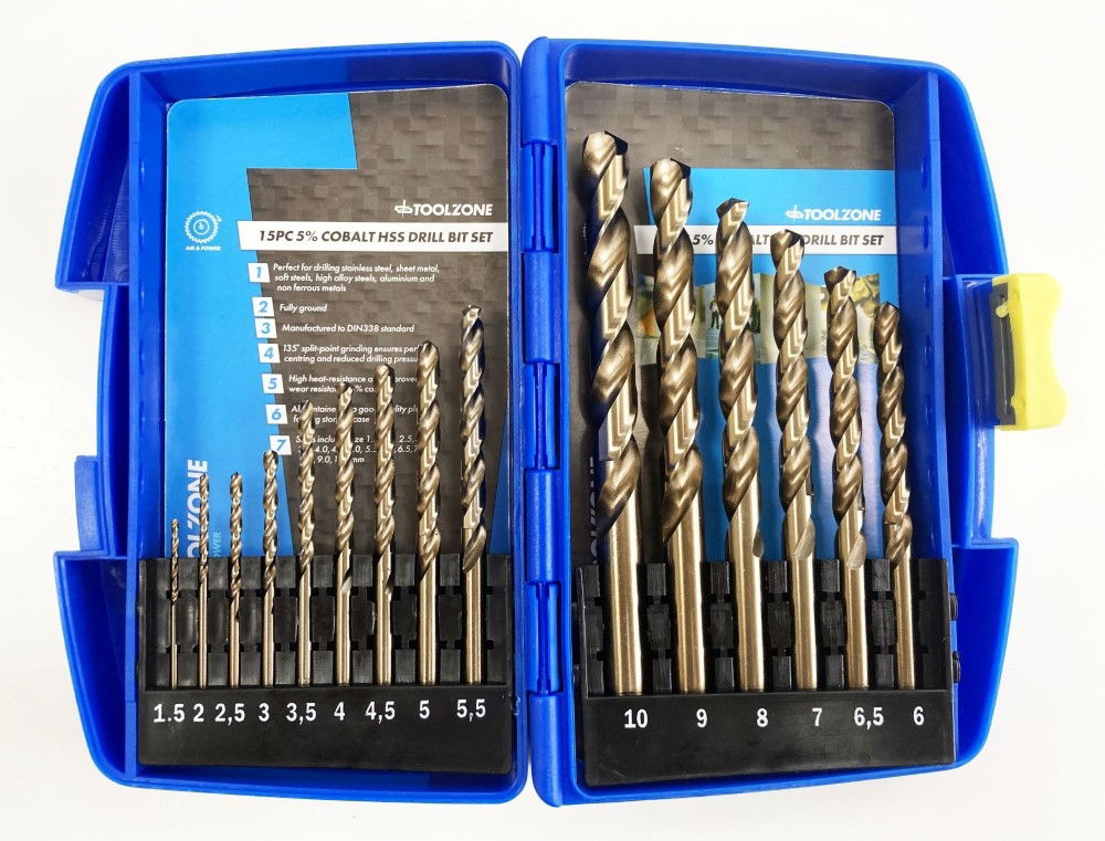 HSS DRILL SET 15PC 5% COBALT 1.5-10mm - TOOLZONE KDPDR389