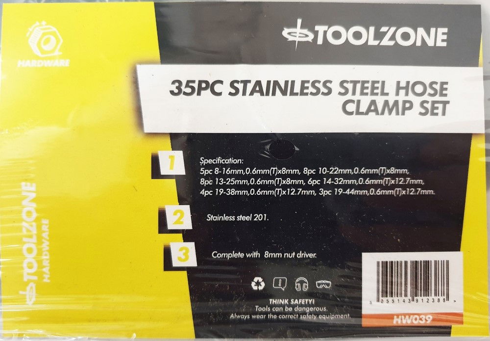 HOSE CLAMP SET 35pc STAINLESS STEEL 8-44mm - TOOLZONE KDPHW039