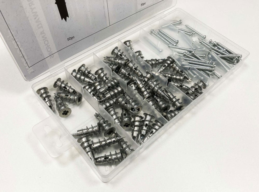 DRYWALL ANCHOR ASSORTMENT 100pc 13x31mm IN STORAGE BOX - TOOLZONE KDPHW208