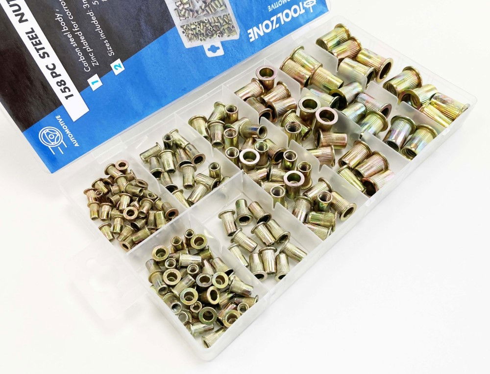 RIVET NUT ASSORTMENT STEEL FLANGE HEAD 158pc IN STORAGE BOX - TOOLZONE KDPHW209