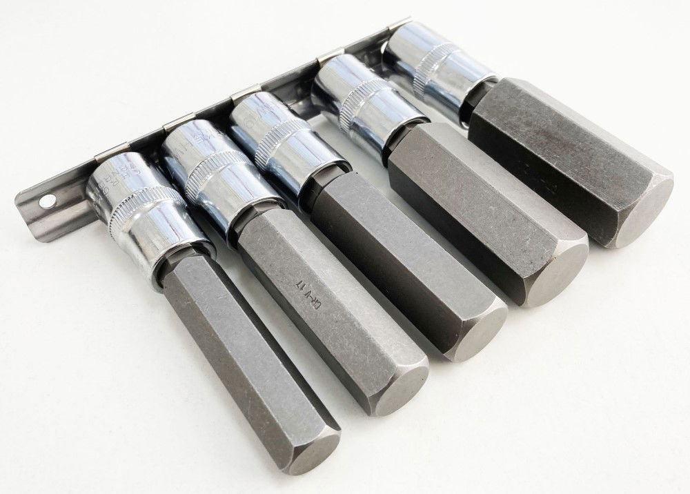 HEX BIT SET EXTRA LONG 1/2 DRIVE 5pc H14-H24 100mm CHROME VANADIUM - TOOLZONE KDPHX015