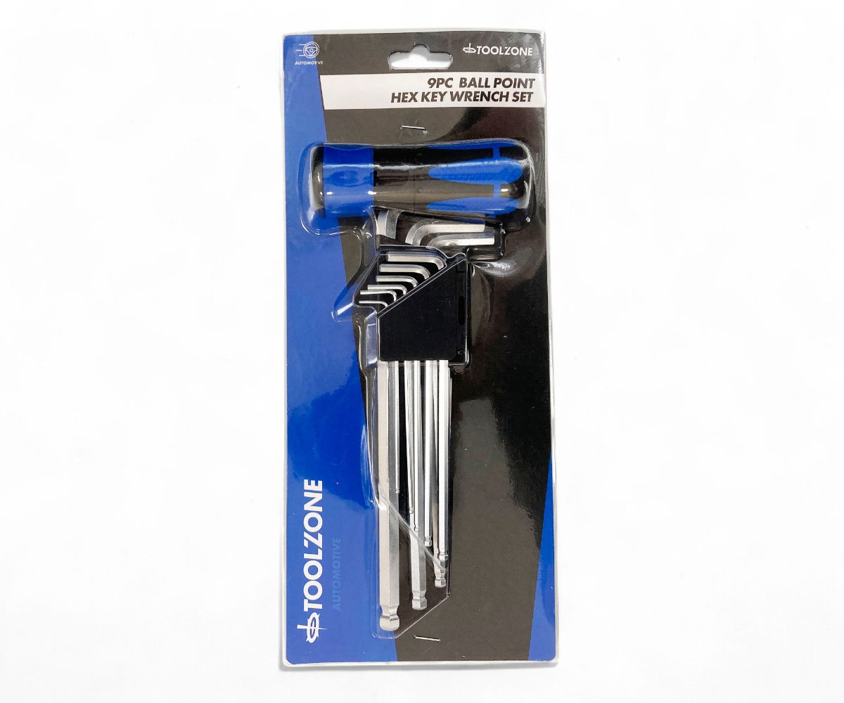 HEX KEY SET BALL END METRIC 9pc WITH HANDLE CHROME ALLOY - TOOLZONE KDPHX032