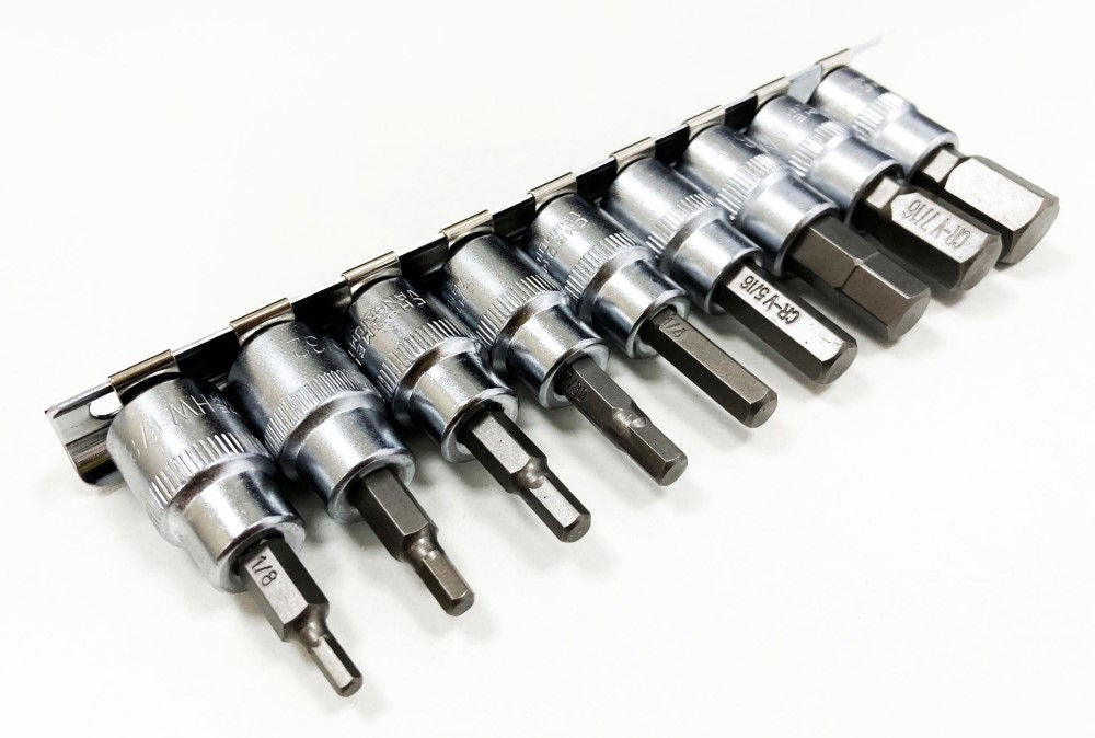 HEX KEY SET AF 3/8 DRIVE 9pc ON RAIL CHROME VANADIUM - TOOLZONE KDPHX054