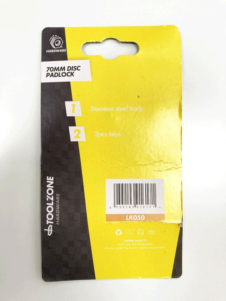 PADLOCK DISC 70mm HARDENED SHACKLE WITH 2 KEYS - TOOLZONE KDPLK050