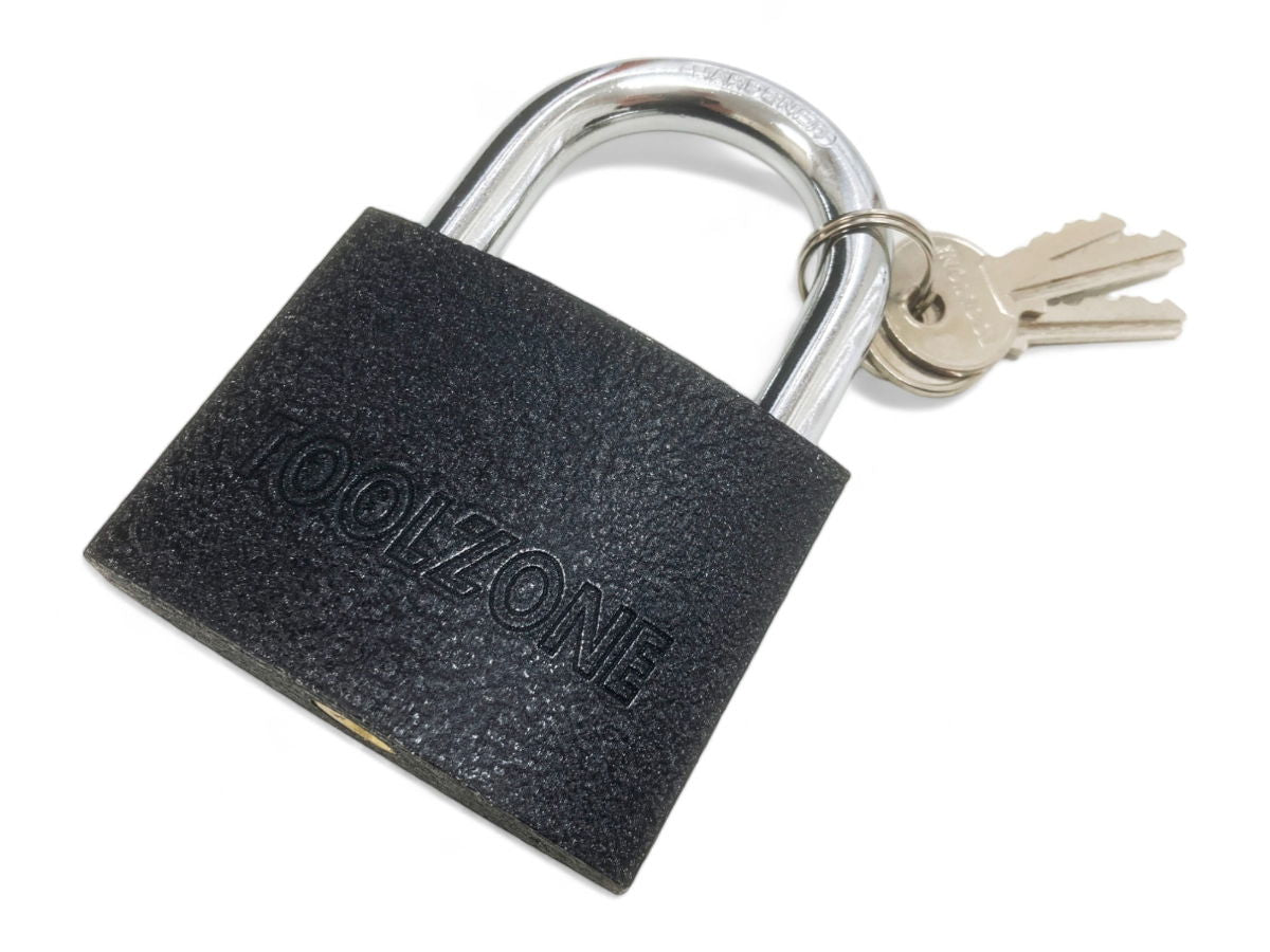 PADLOCK IRON 75mm HARDENED SHACKLE BRASS CORE WITH 3 KEYS - TOOLZONE KDPLK112