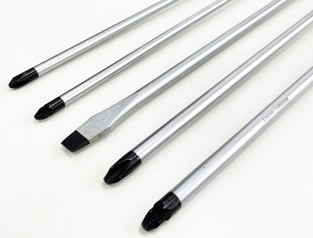 EXTRA-LONG SCREWDRIVER SET 5PC 450mm PZ2 PZ3 PH2 PH3 8mm - TOOLZONE KDPSD074