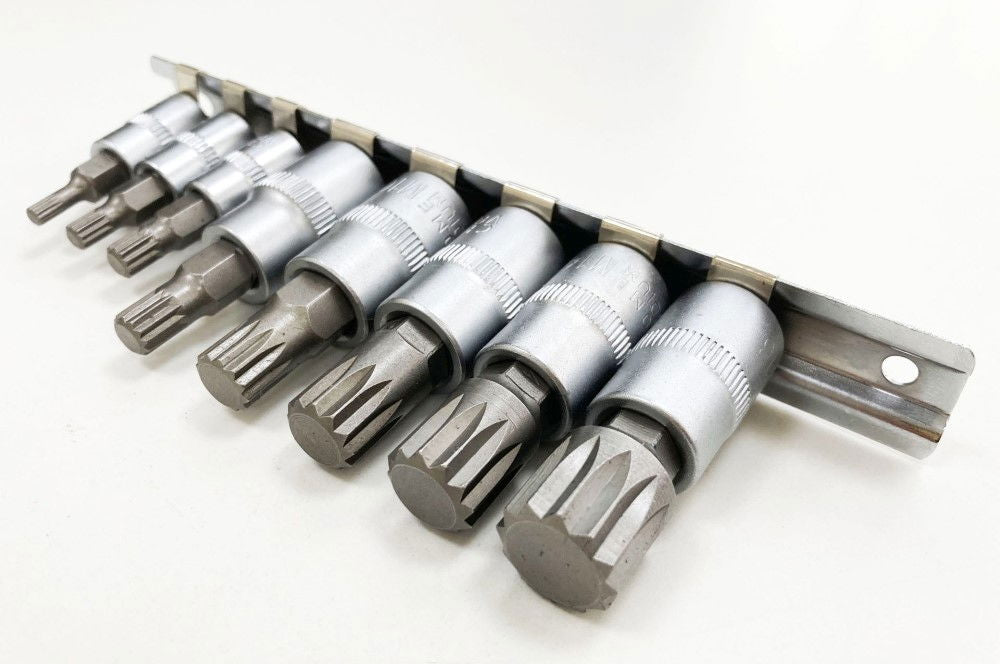 SPLINE BIT SOCKET SET 8PC 1/4 3/8 DRIVE M4-M16 ON RAIL - TOOLZONE KDPSD079