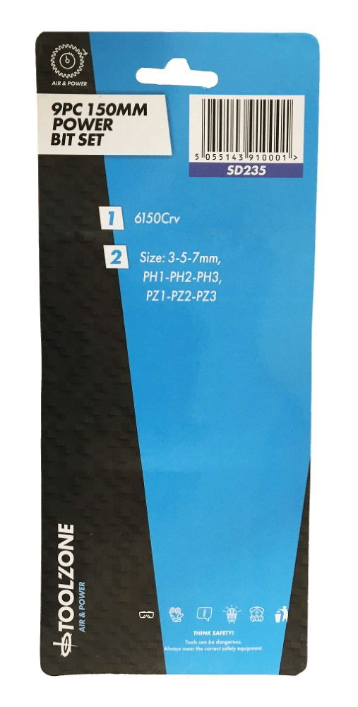 POWER BIT SET CRV 9PC 150mm SLOT 3-7mm PHILLIPS 1-3 POZI 1-3 - TOOLZONE KDPSD235