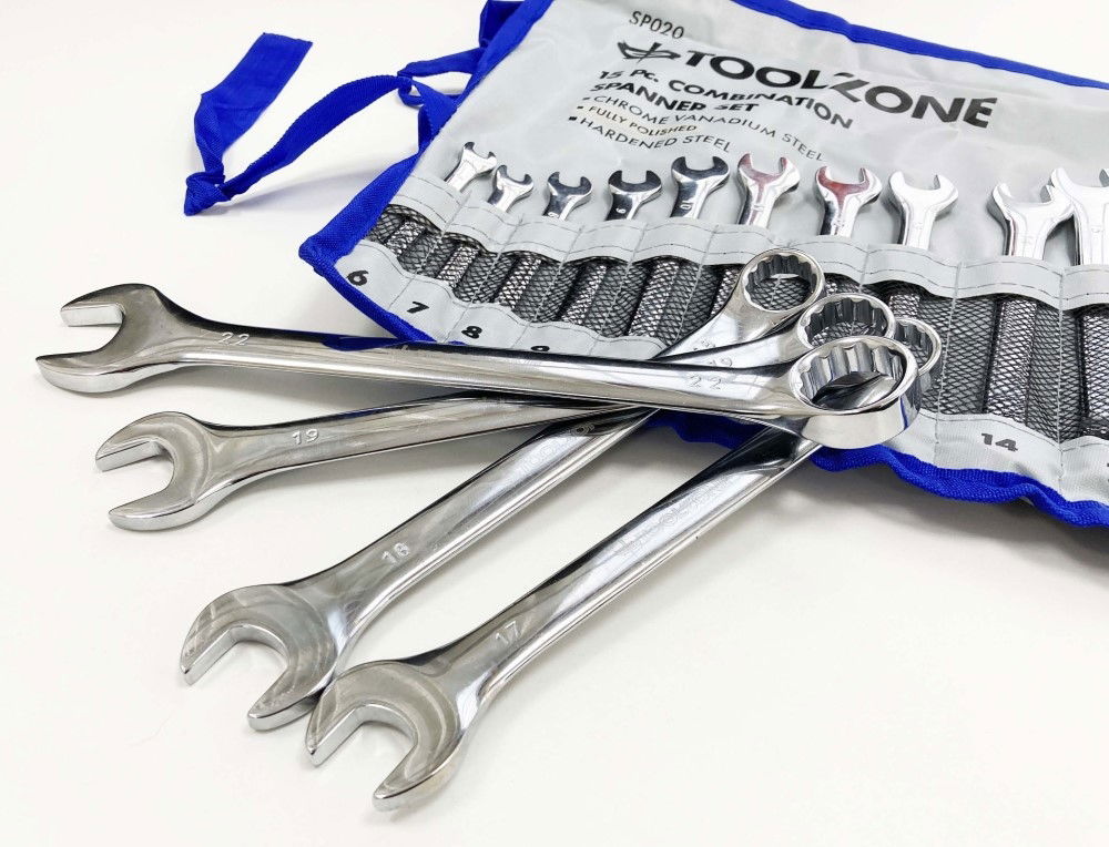 COMBINATION SPANNER SET 15PC 6-19mm 22mm CHROME VANADIUM SATIN - TOOLZONE KDPSP020