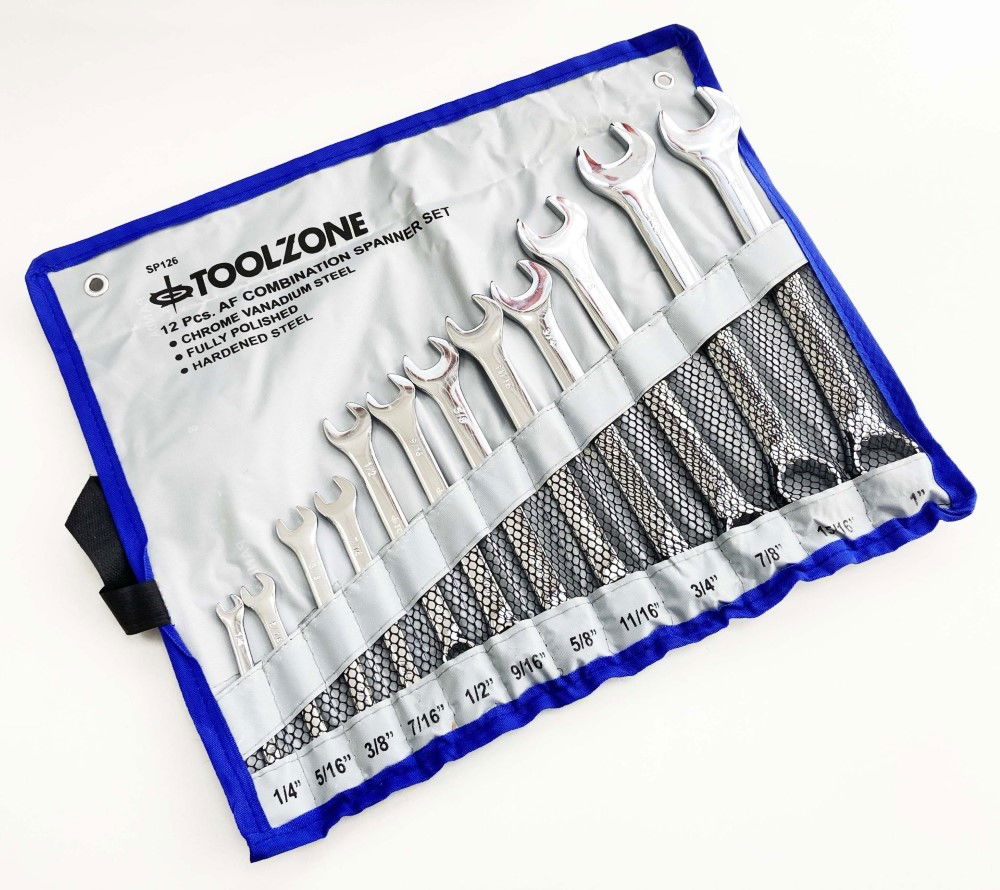 COMBINATION SPANNER SET 12pc AF CHROME VANADIUM SATIN FINISH - TOOLZONE KDPSP126
