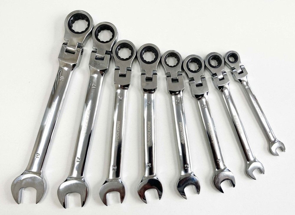 FLEX RATCHET COMBINATION WRENCH SET 8pc METRIC CHROME VANADIUM POLISHED FINISH - TOOLZONE KDPSP128
