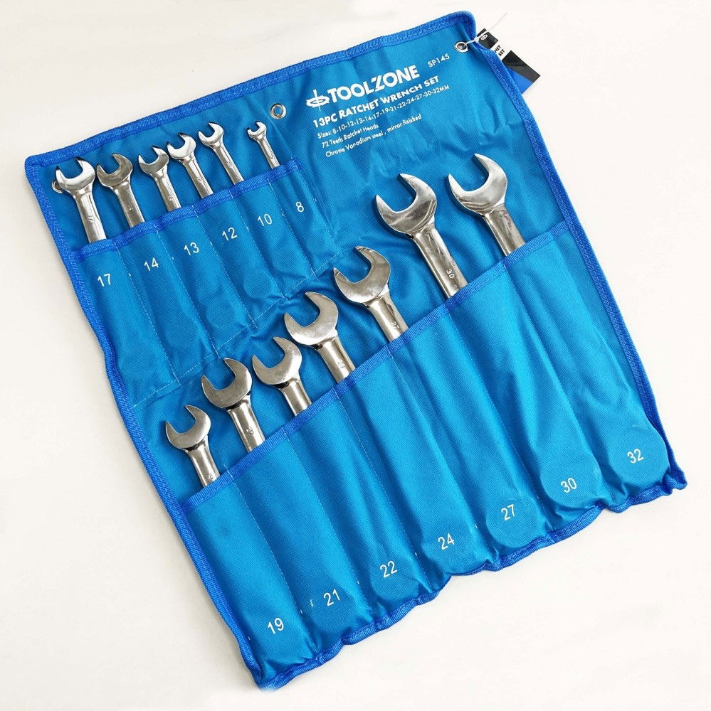 RATCHET WRENCH SET 13pc 8-32mm 72 TEETH CHROME VANADIUM POLISHED FINISH - TOOLZONE KDPSP145