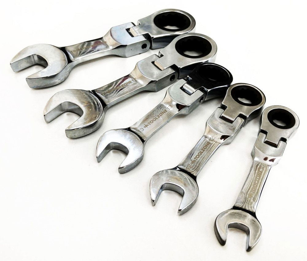 FLEXI STUBBY RATCHET SPANNER SET 5pc 10-19mm CHROME VANADIUM - TOOLZONE KDPSP164