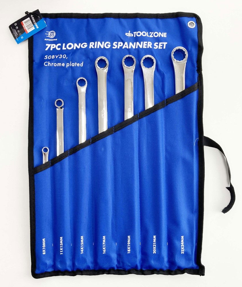 LONG RING SPANNER SET 7pc 8-24mm 50BV30 STEEL IN POUCH - TOOLZONE KDPSP171