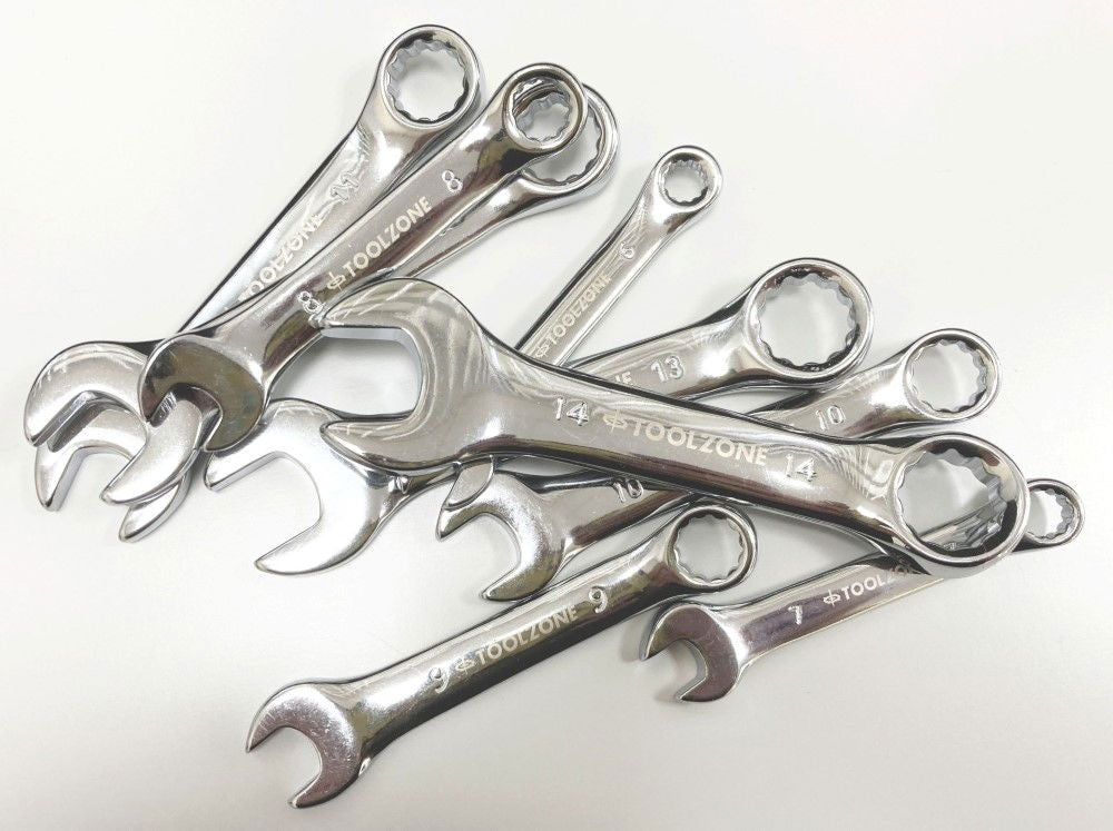 STUBBY SPANNER SET 9pc 6-14mm CHROME VANADIUM FULLY POLISHED IN RACK - TOOLZONE KDPSP172