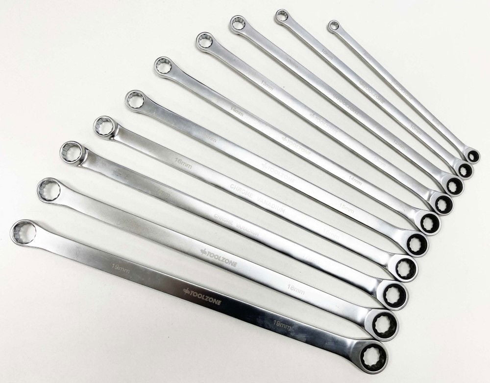 RATCHET SPANNER SET LONG 10pc 8-19mm 72 TEETH 6150CRV MIRROR POLISH - TOOLZONE KDPSP194