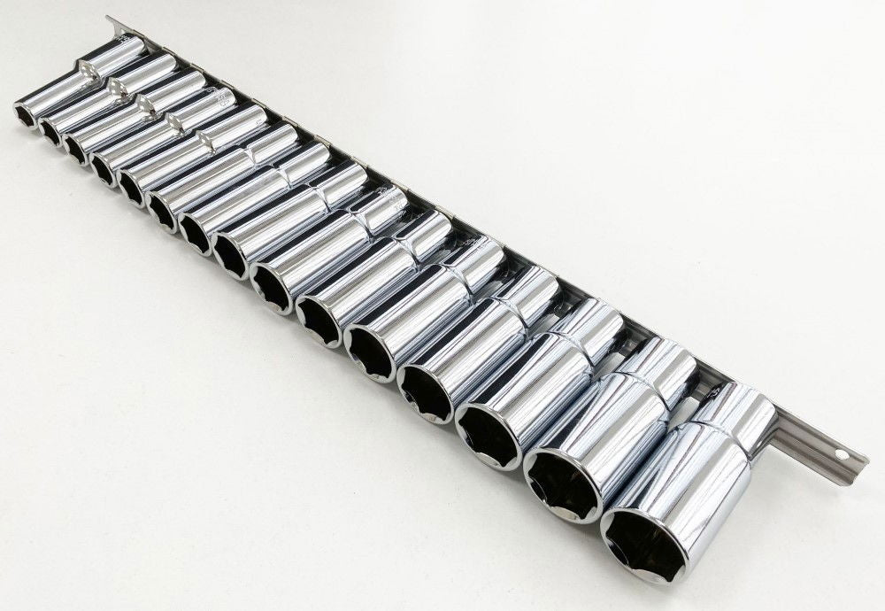 DEEP SOCKET SET 1/2 DRIVE 15pc 10-24mm CRV 6PT ON RAIL - TOOLZONE KDPSS010