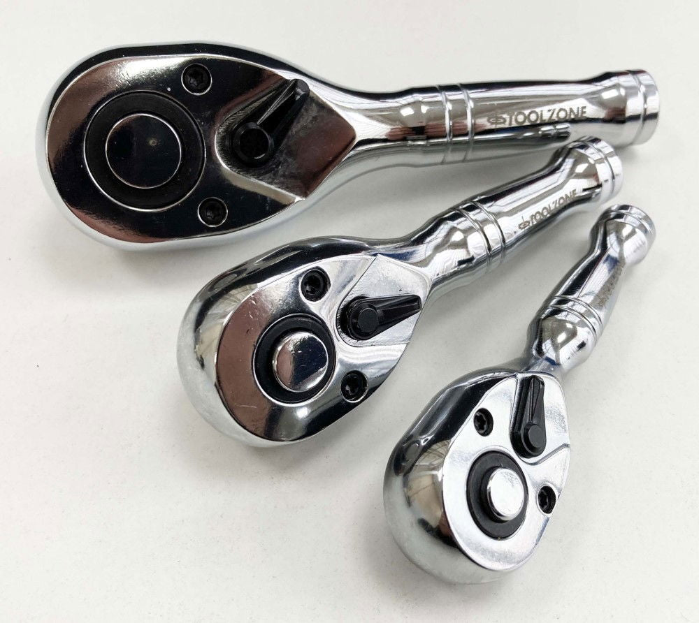 STUBBY RATCHET HANDLE SET 3pc 1/4 3/8 1/2 DRIVE 72 TEETH CRV - TOOLZONE KDPSS015