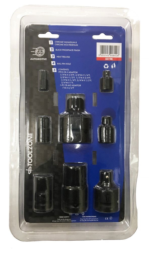 IMPACT ADAPTOR AND REDUCER SET 8 PIECES BLACK PHOSPHATE - TOOLZONE KDPSS198