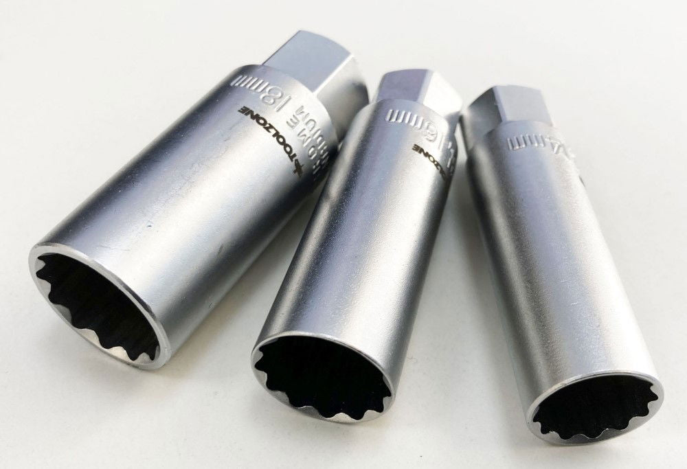 SPARK PLUG SOCKET SET 3/8 DRIVE 3 PIECES 14mm 16mm 18mm THIN WALL SATIN FINISH - TOOLZONE KDPSS242