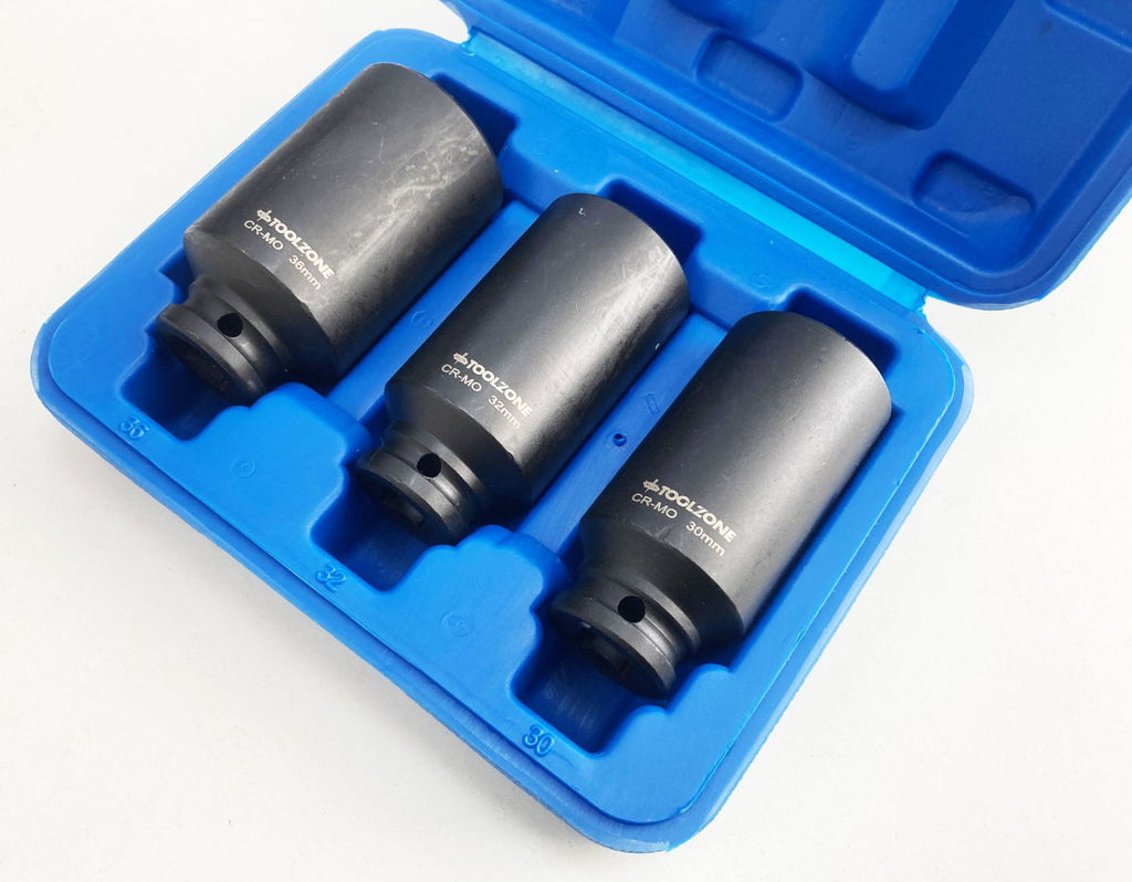 IMPACT SOCKET SET 3 PIECES 1/2 DRIVE 30mm 32mm 36mm THIN WALL BLACK FINISH - TOOLZONE KDPSS248