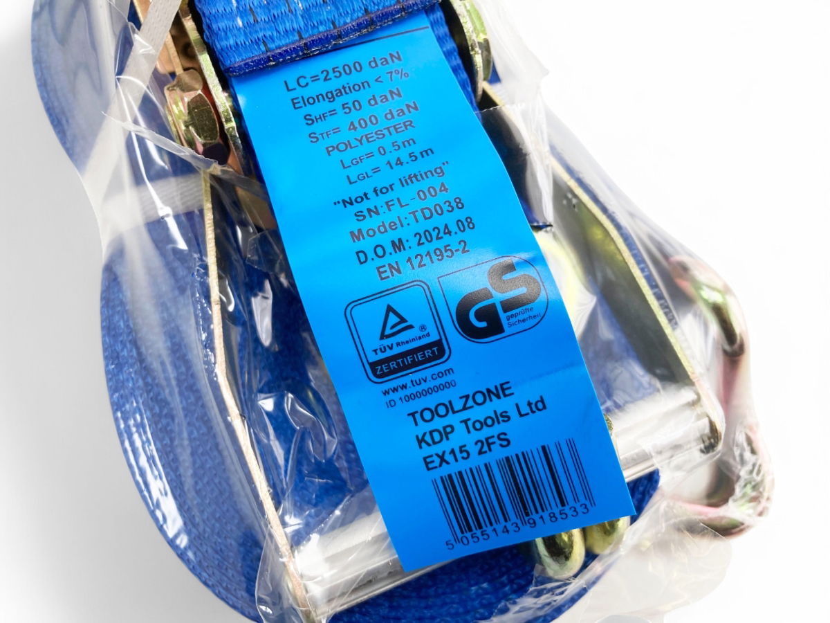 HEAVY DUTY RATCHET TIE DOWN 2 x 15m 2500daN STRAIGHT 5000kg ROUND GS APPROVED - TOOLZONE KDPTD038