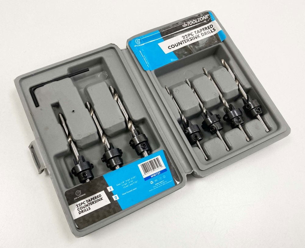 TAPERED COUNTERSINK DRILL SET 22PC HEAT-TREATED STEEL SIZES 1/8 TO 7/32 - TOOLZONE KDPWW127