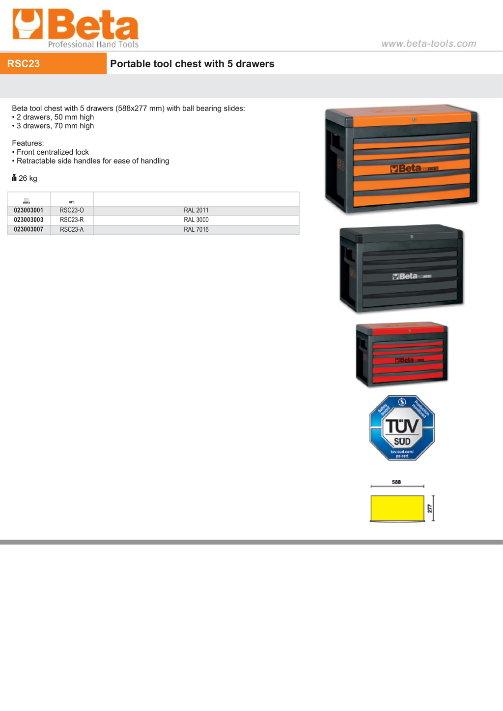 Portable Tool Chest with 5 Drawers and Centralized Lock - Beta Tools RSC23-R