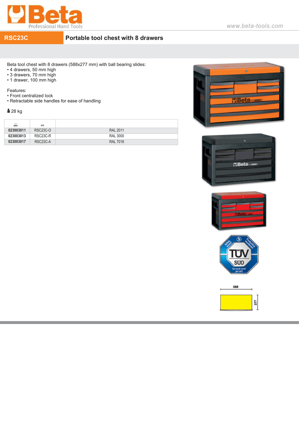 Portable Tool Chest with 8 Drawers and Centralized Lock - Beta Tools RSC23C-O